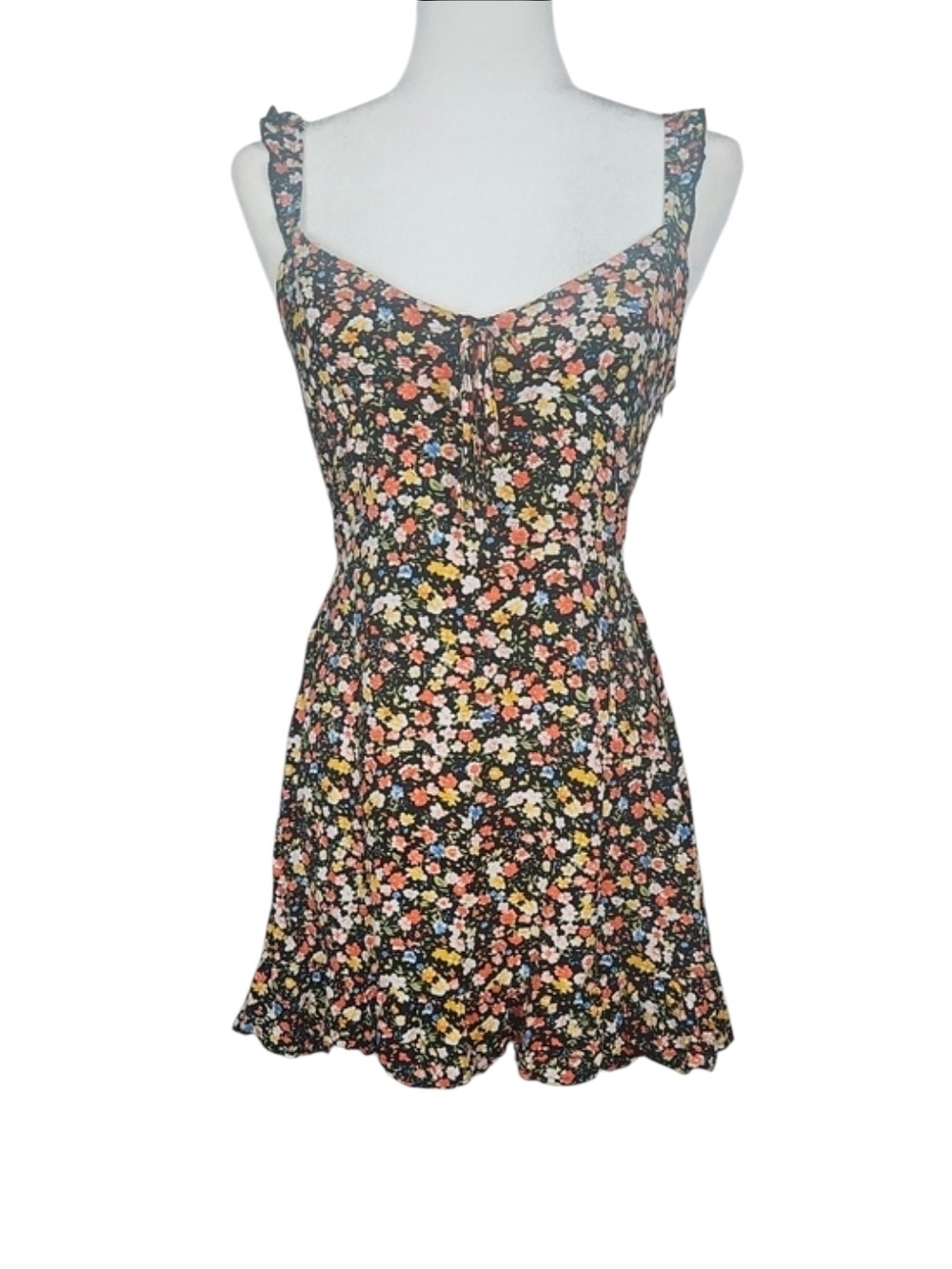 Dark Floral Black Multicolor Sleeveless Sundress Mini Ruffle Cami A-Line *S